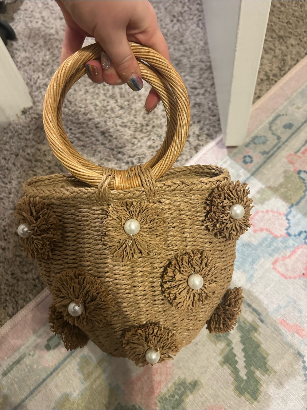 Amazon Tan Straw Tote with Pearl Pom Accents